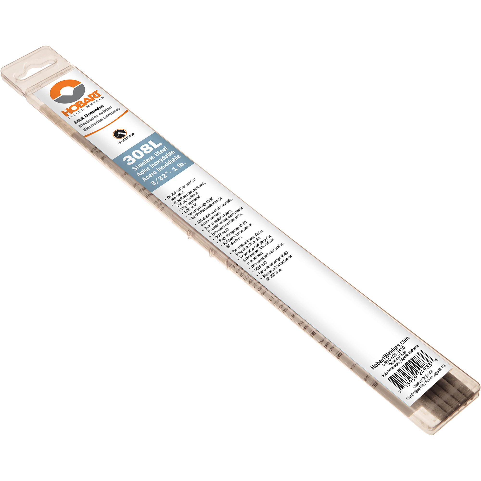 Hobart Filler Metals Stick Welding Electrodes, Stainless Steel 308L-16, 3/32in. x 14in.L, 5-Ct. Pkg., Model# H481930-RDP